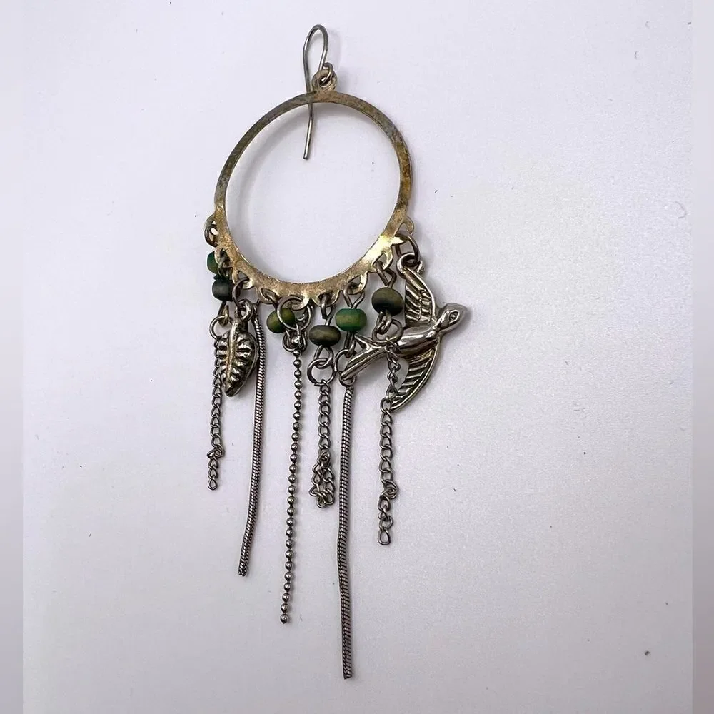 *3/$20* Detailed silver tone hoop earrings with bird leaf and bead accents